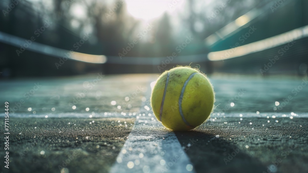 Morning light on a tennis ball on the court - An early morning scene shows a tennis ball illuminated by sunlight, emphasizing its texture on a dew-covered court
