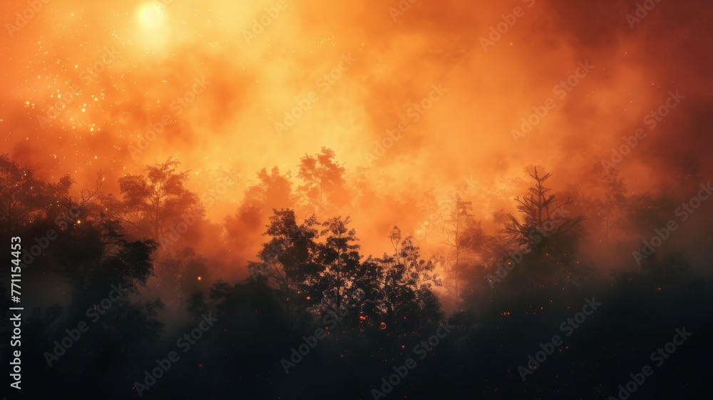 Fototapeta premium Forest engulfed in fiery orange haze - Intense orange tones envelop a silhouetted forest, giving a sense of mystery and danger