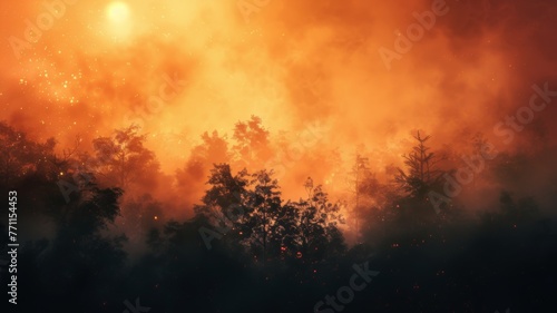 Forest engulfed in fiery orange haze - Intense orange tones envelop a silhouetted forest, giving a sense of mystery and danger