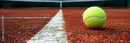 Close-up tennis ball on red court line - A macro shot of a yellow tennis ball placed on the white line of a red clay court, depicting the game's precision photo