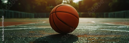 Basketball on the outdoor court at sunrise - The image captures a solitary basketball in the middle of an outdoor court bathed in the morning light, highlighting the texture of the ball and the hardco photo