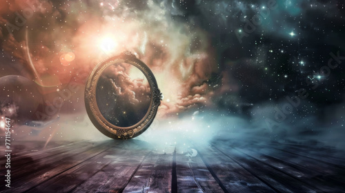 A large glowing mirror in the shape of a circle floats in the sky above the wooden floor. The circle is surrounded by a hazy, otherworldly atmosphere.