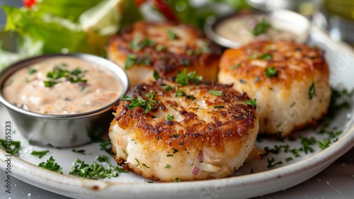 A plate of Maryland crab cakes with a side of remoulade sauce photo