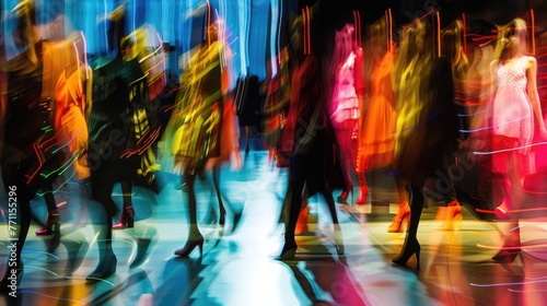 Artistic Multiple Exposure Image of Fashion Models on Runway with Vibrant Overlays