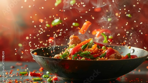 A sizzling wok with stir-fry vegetables tossing in the air