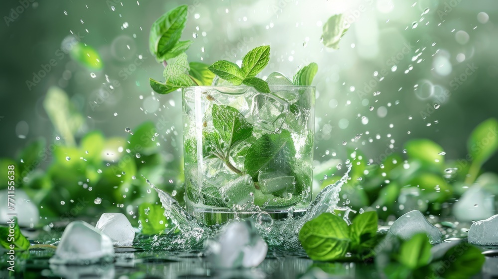 A whirlwind of fresh mint leaves swirling around a frosty mojito glass A whirlwind of fresh mint leaves swirling around a frosty mojito glass