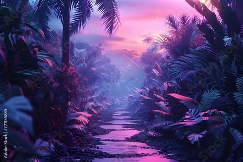 Enchanting Tropical Pathway Through a Lush,Mystical Jungle Landscape at Dusk