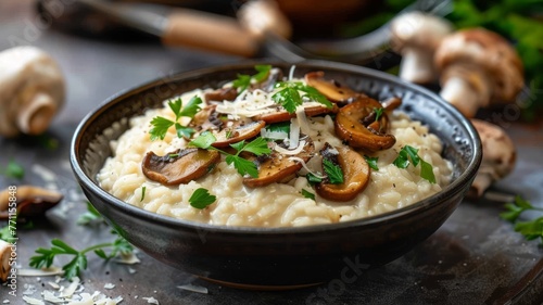 A bowl of creamy risotto with wild mushrooms and Parmesan