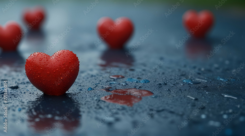 World Health Day concept: Red hearts resting on the wet ground, on a blue blurred background.generative.ai