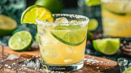 A glass of classic margarita with salt rim and lime photo