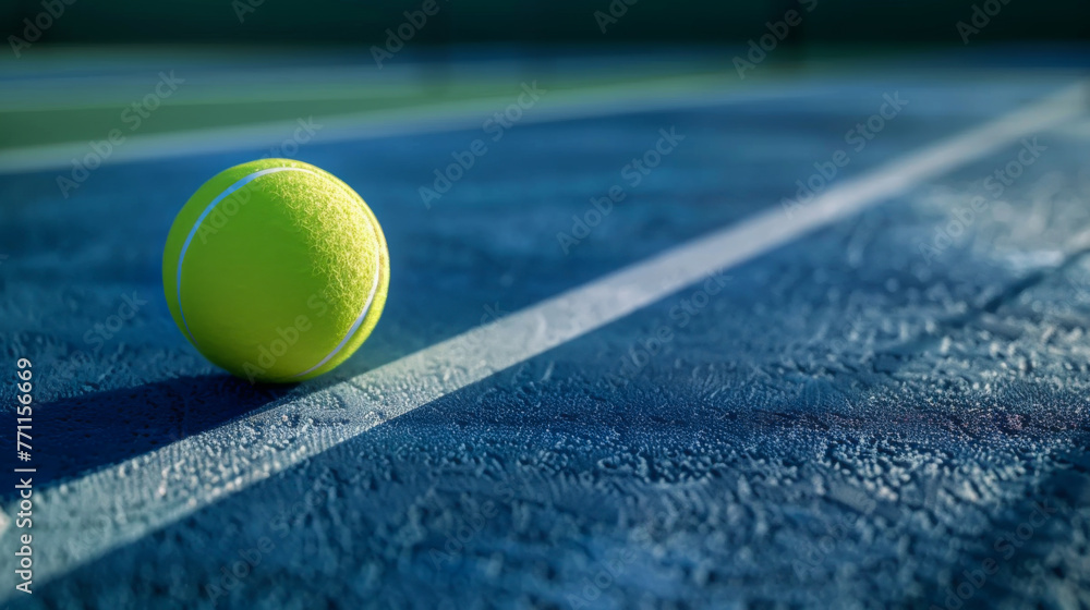 Close-up of a tennis ball on a tennis court with a net in the background. Sports concept.