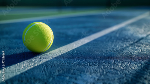 Close-up of a tennis ball on a tennis court with a net in the background. Sports concept. © Alina Tymofieieva