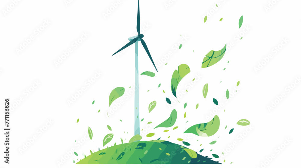 Green silhouette wind power generator with leaves f - obrazy, fototapety, plakaty 