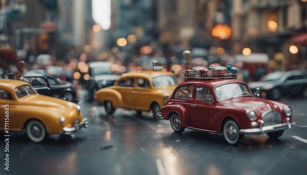 A bustling city intersection captured in hyperrealistic detail, but all the vehicles are whimsical contraptions powered by steam, gears, or even balloons.