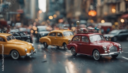A bustling city intersection captured in hyperrealistic detail, but all the vehicles are whimsical contraptions powered by steam, gears, or even balloons. © Komkrit