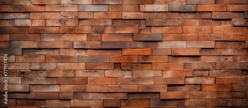 A tight shot of a brown brick wall with a wooden texture, showcasing the intricate patterns of the composite material. The rectangular shapes create a unique flooring pattern