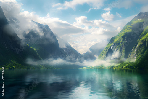 norwegian mountains in water with clouds in the style o 529e7665-baf1-4ea1-9071-2f91a990d9f6 photo