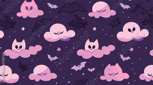 Halloween seamless pattern with cute bat moon and c