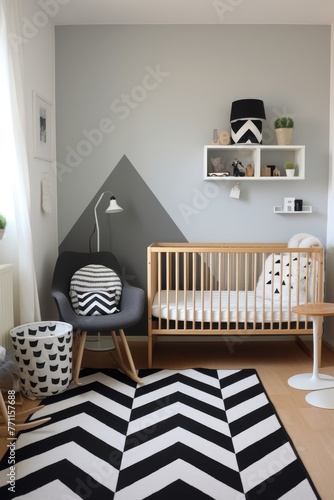 A simplistic modern nursery with monochrome color palette and playful geometric patterns in Scandinavian style  AI generated illustration