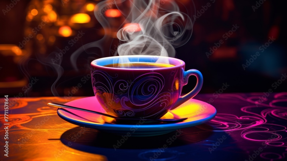 Obraz premium A steaming cup of coffee in neon lighting AI generated illustration