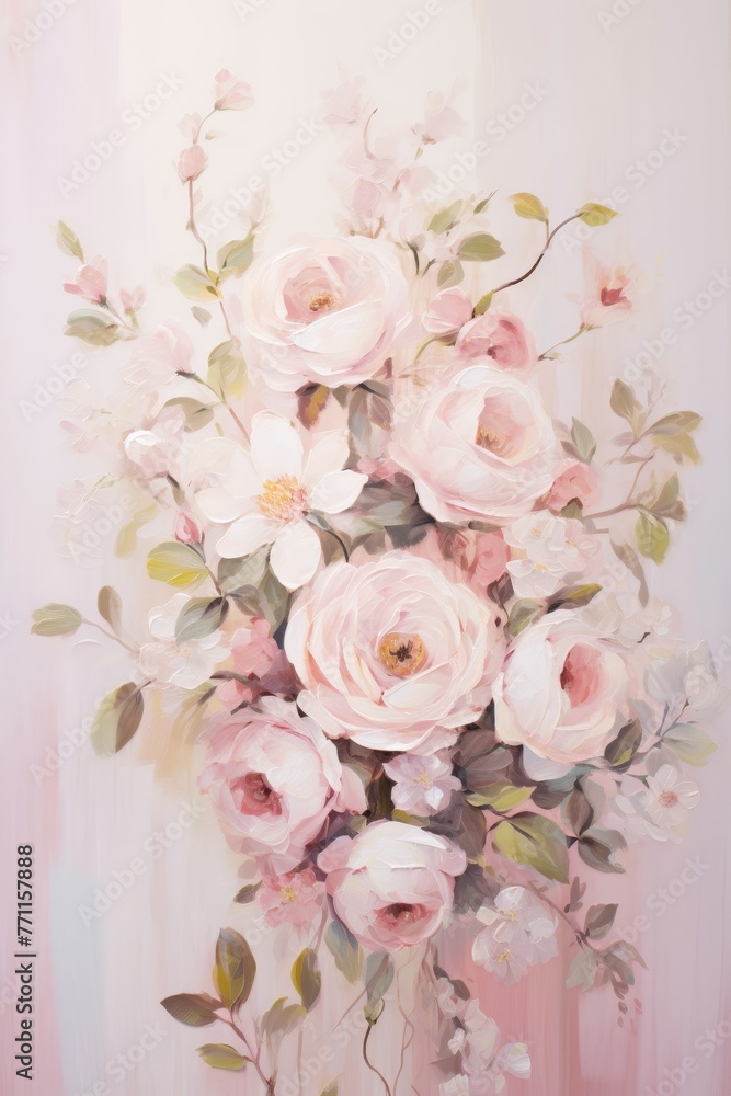 A subtle and graceful frame design using blooming roses and petals on a soft pastel pink canvas AI generated illustration