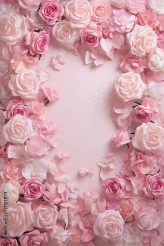 A subtle and graceful frame design using blooming roses and petals on a soft pastel pink canvas  AI generated illustration