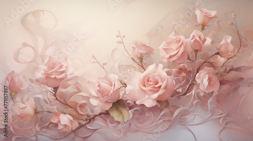 A subtle and graceful frame design using blooming roses and petals on a soft pastel pink canvas  AI generated illustration