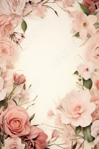 A subtle and graceful frame design using blooming roses and petals on a soft pastel pink canvas  AI generated illustration