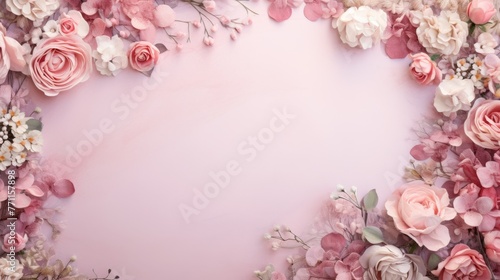 A subtle and graceful frame design using blooming roses and petals on a soft pastel pink canvas  AI generated illustration