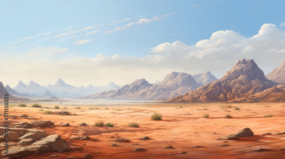 A vast and arid desert landscape with mesas in the distance portraying the simplicity and expansiveness of dry terrains  AI generated illustration