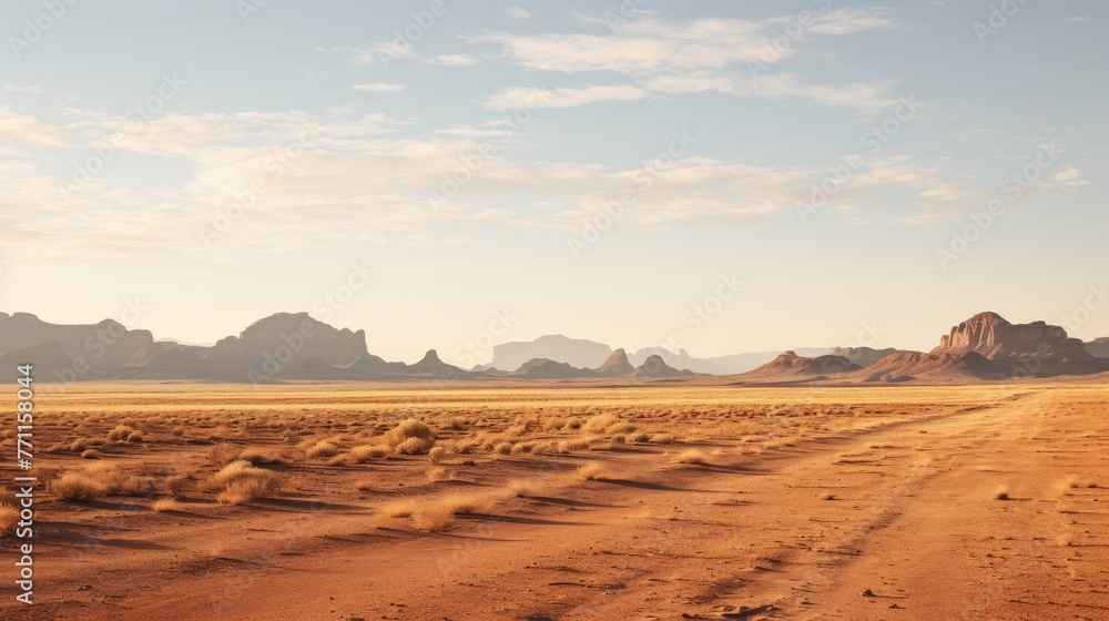 A vast and arid desert landscape with mesas in the distance portraying the simplicity and expansiveness of dry terrains  AI generated illustration