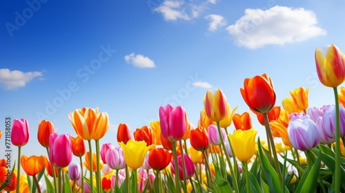 A vibrant tulip field under a clear blue sky presenting a symphony of colors in a minimalist and neatly organized floral landscape  AI generated illustration