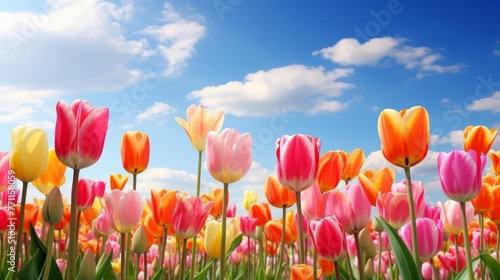 A vibrant tulip field under a clear blue sky presenting a symphony of colors in a minimalist and neatly organized floral landscape  AI generated illustration