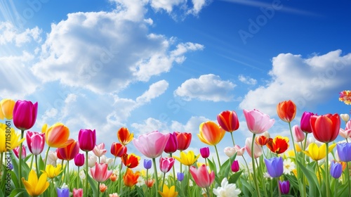 A vibrant tulip field under a clear blue sky presenting a symphony of colors in a minimalist and neatly organized floral landscape AI generated illustration