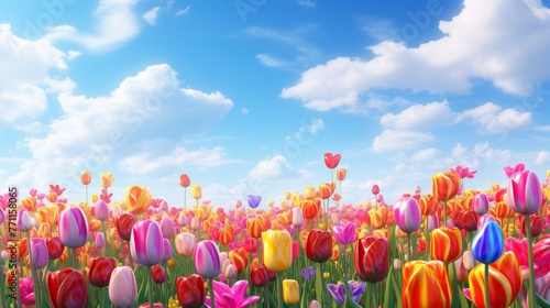 A vibrant tulip field under a clear blue sky presenting a symphony of colors in a minimalist and neatly organized floral landscape  AI generated illustration #771158065