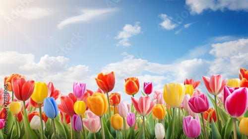 A vibrant tulip field under a clear blue sky presenting a symphony of colors in a minimalist and neatly organized floral landscape  AI generated illustration