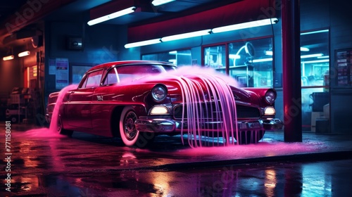 A vintage car under a neon-lighted car wash  AI generated illustration