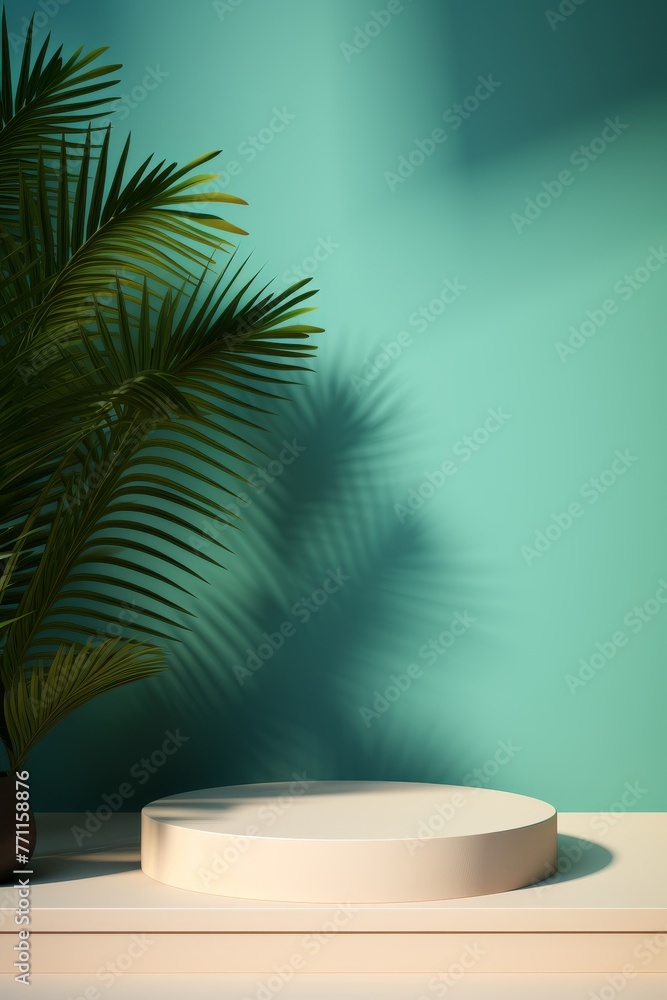Abstract minimal backdrop with a podium shadowed by tropical palm leaves AI generated illustration
