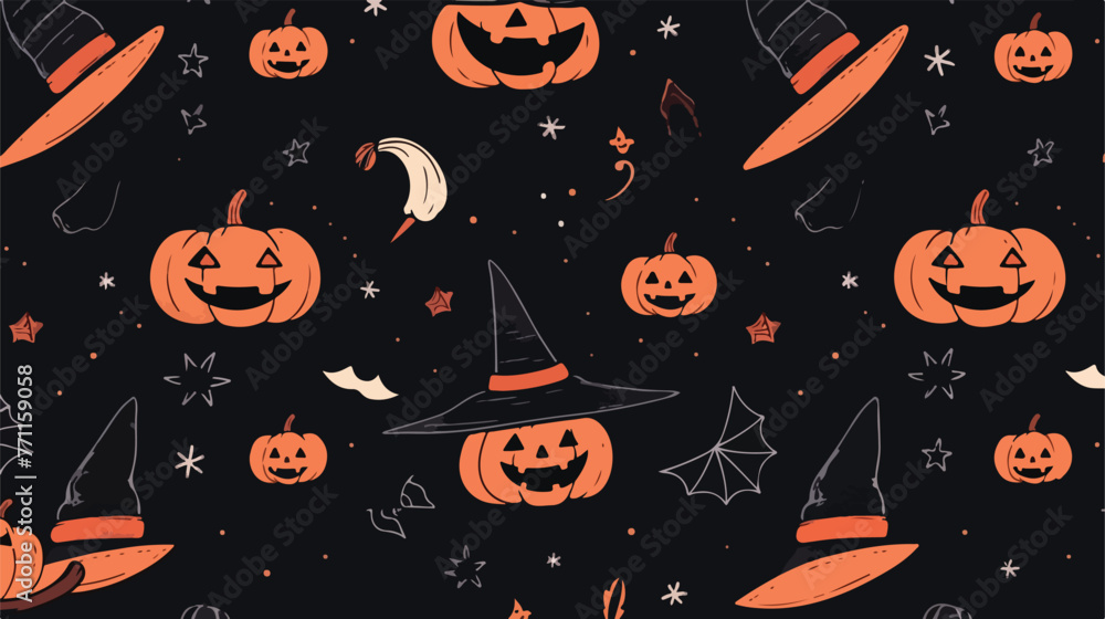 Halloween seamless pattern with outline witch hat p - obrazy, fototapety, plakaty 