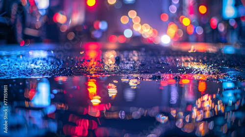 A puddle reflects the bright city lights on a rainy night creating a shimmering dreamlike image in an otherwise bustling scene. . . photo