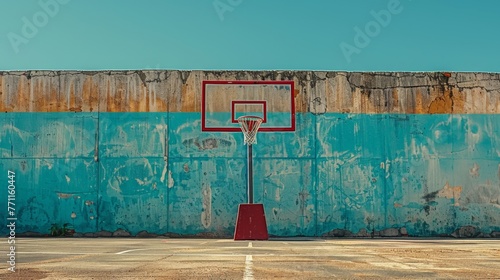 A stark basketball hoop against a vibrant urban wall, on sunny day, symmetry geometric