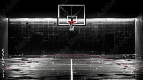 A lone basketball hoop casts a stark shadow on a concrete wall in a monochrome urban court. Black and white photo