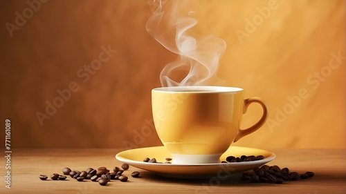 cup of coffee with cinnamon, cup of coffee with smoke, Peach-toned steam and a cup of coffee with a saucer linger in the air. photo