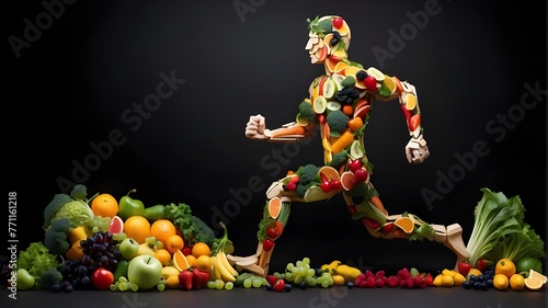 We are what we eat, so I take care of myself. picture of a running guy composed of bits of veggies and fruits—good sustenance for an entire, healthy life. diet, way of life, and dark background