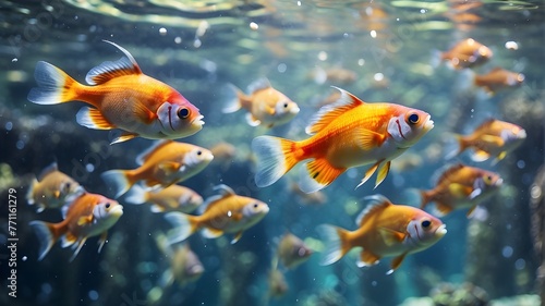 fish swimming in aquarium, There are lots of shimmering air bubbles all around as a school of vibrant fish swims calmly next to one another in the crystal clear waters
