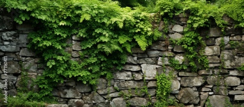 A natural landscape with a stone wall covered in ivy, creating a picturesque scene. The groundcover adds a touch of green to the brickwork, blending beautifully with the surrounding shrubs and plants