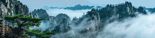 Landscape banner of clouds  sea  fog and pine trees in Huangshan  Anhui  China created with Generative AI tecnology.