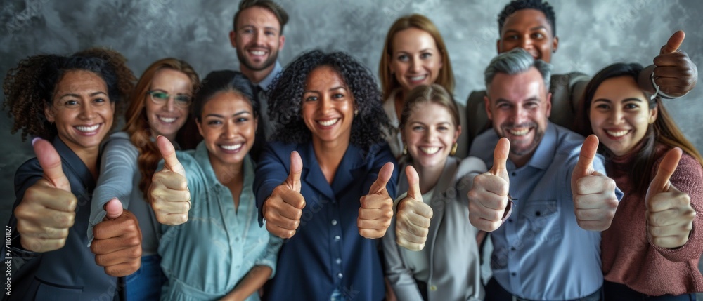 Thumbs up from a happy business team excited about the success they achieve together at work. Overhead view diverse group of corporate people excited by success and give approval to winning Thumbs up from a happy business team excited about the success they achieve together at work. Overhead view diverse group of corporate people excited by success and give approval to winning