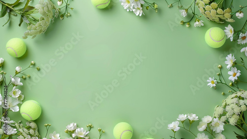 Tennis ball and pretty flowers, copy Green banner background with space,テニスボールと可愛い花、コピー スペースのある緑のバナーの背景,Generative AI 