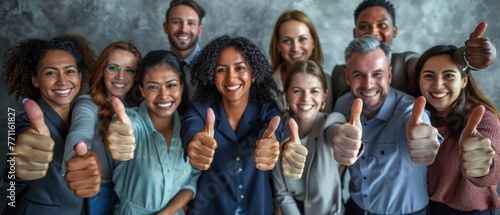 Thumbs up from a happy business team excited about the success they achieve together at work. Overhead view diverse group of corporate people excited by success and give approval to winning